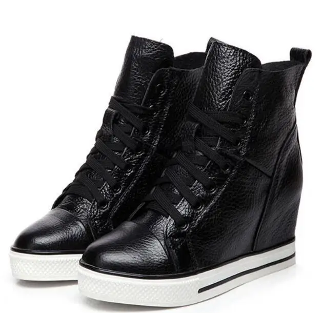 black single shoes Новинка; сезон осень-зима; обувь из натуральной кожи с высоким берцем на шнуровке; женские кроссовки; обувь на высоком каблуке, увеличивающая рост; повседневная обувь на танкетке - Цвет: black single shoes