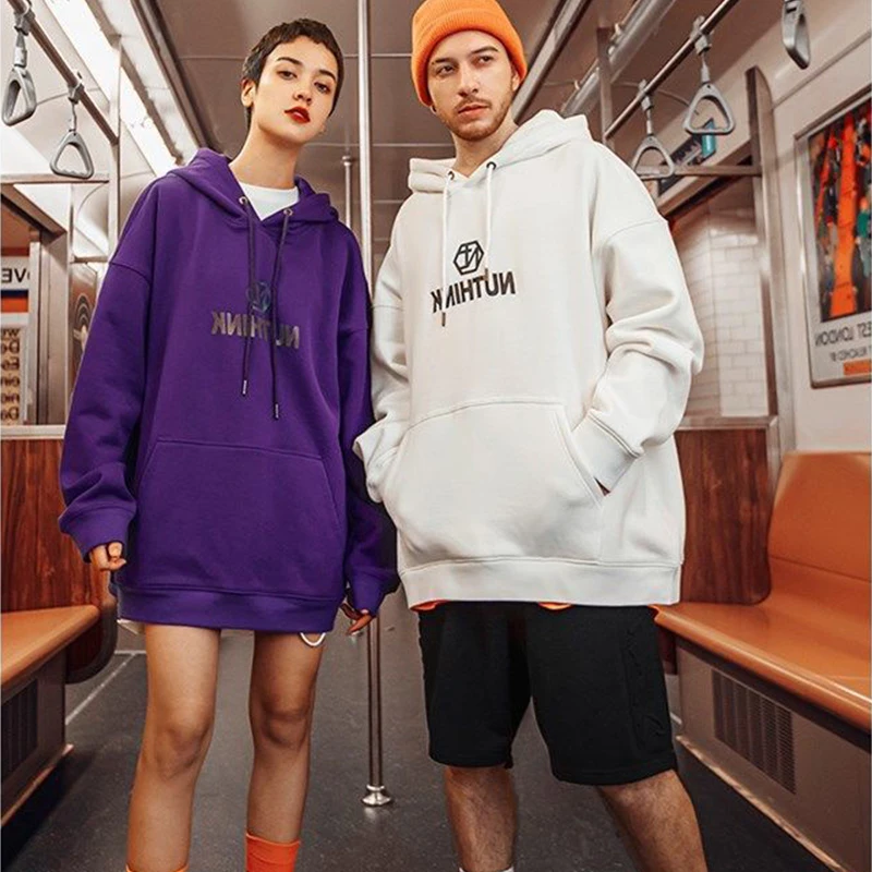 

2021 new autumn and winter plus velvet thick hoodies men's reflective hooded loose student Ulzzang Harajuku kpop couple clothes