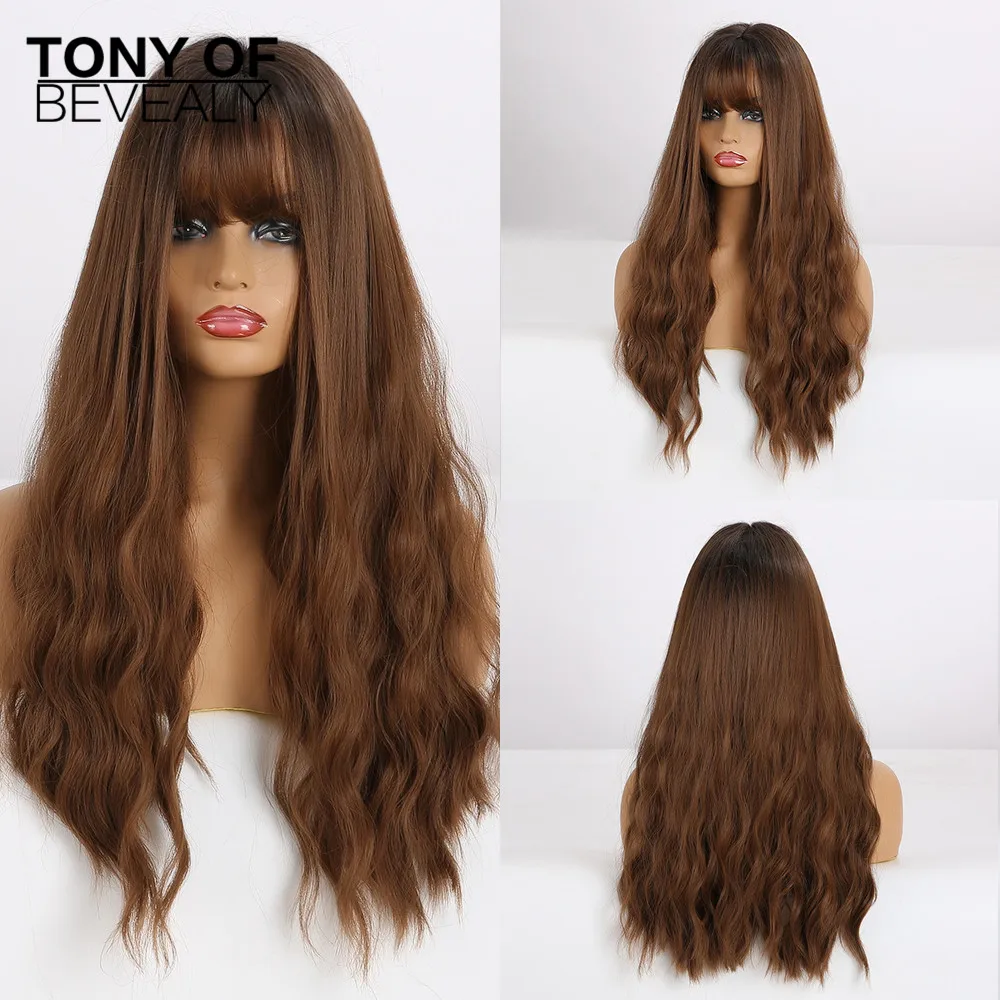 

Long Wavy Brown to Beige Ombre Hair Wigs With Bangs Heat Resistant Synthetic Wigs for Afro Women Cosplay Natural Wigs