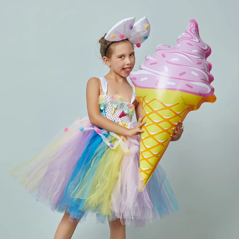 Fancy Girls Party Dress Ice Cream Design Tutu Carnival Cosplay Costumes Halloween School Performance Outfits Ball Gown Disguise
