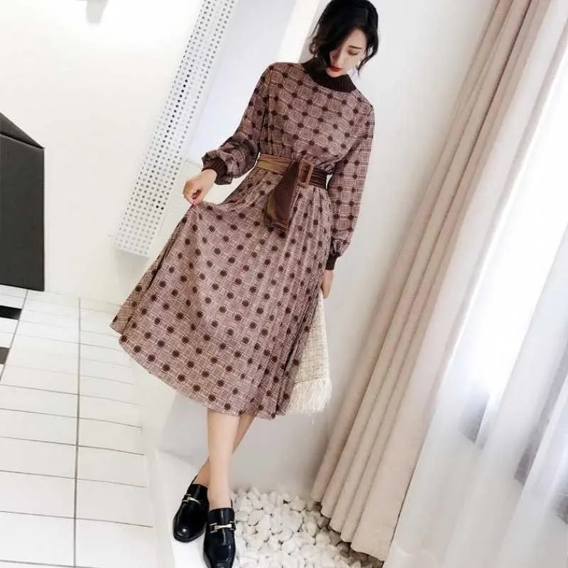 

2021 Long sleeve Ladies lattice dress Korean French elegant Party dresses Spring Autumn Women fashion One-piece dress midi dress