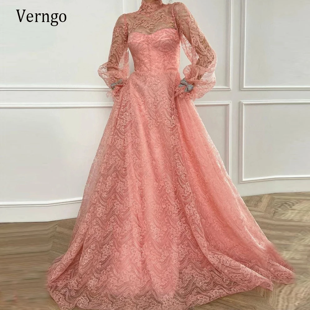 

Verngo Sweetly Blush Pink Full Lace Evening Dresses Long Puff Sleeves Bowknot High Neck Princess 2021 Prom Dresses With Pockets