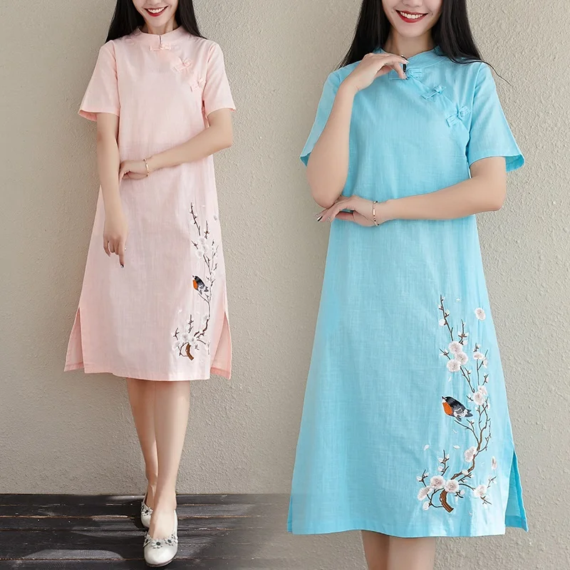 Ципао весна-лето 2019 традиционное китайское платье женское хлопковое льняное
