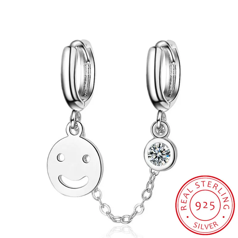 

Double hole mini smile hoop with cz station chain girlfriend gift top quality 925 stamp silver color girl tassel earring