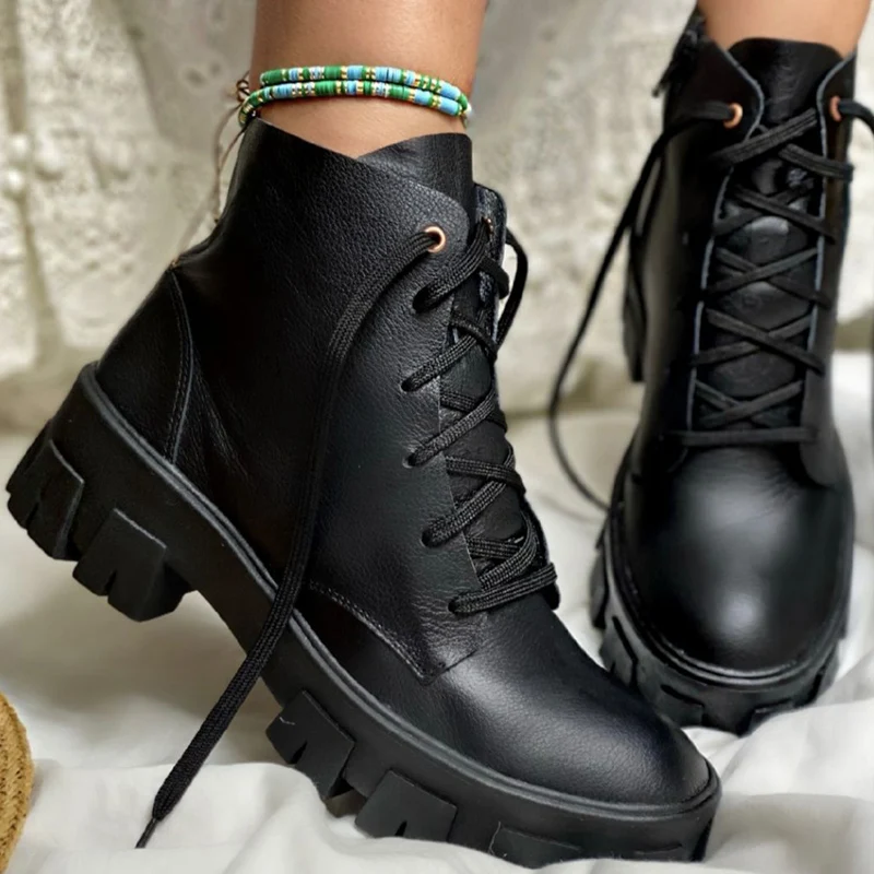 

Fall New Fashion Ladies Ankle Boots Trend Lace-up Martin Boots Platform British Style Motorcycle Boots Casual Black Boots сапоги