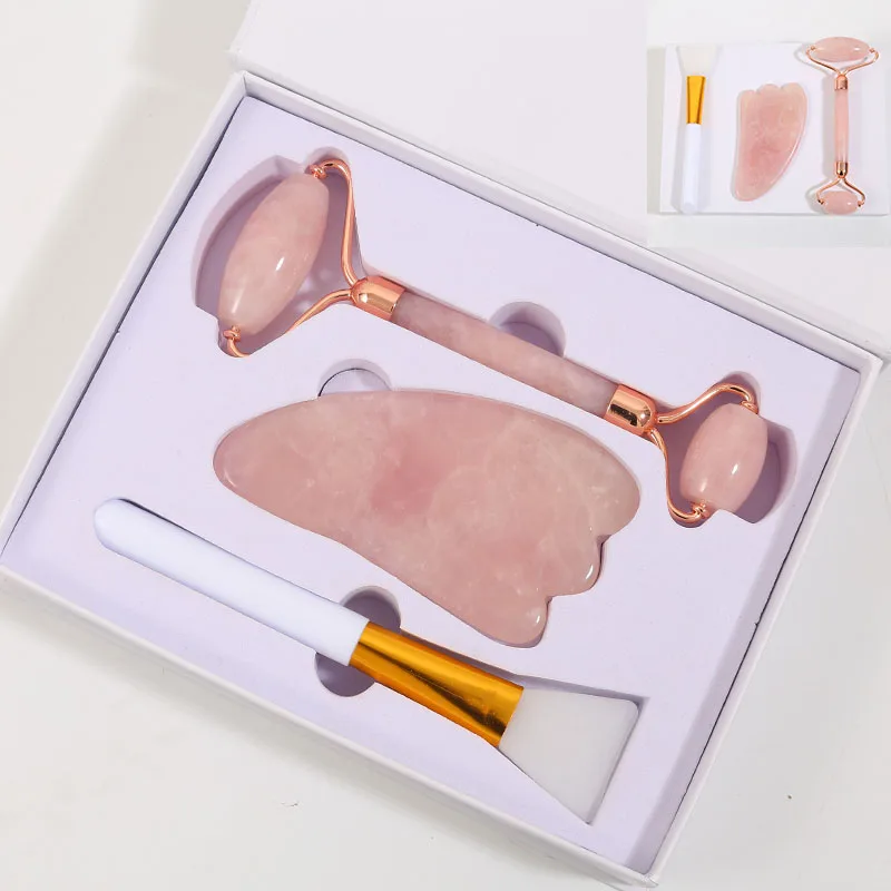 Массажер для лица роллер из розового кварца с двумя головками лазерный