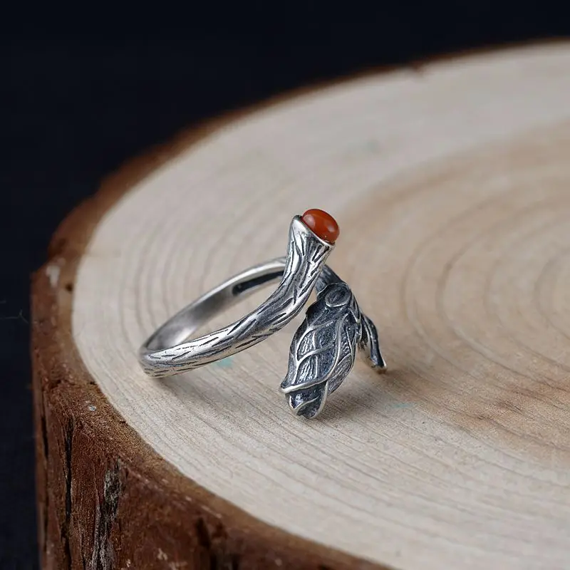 

FNJ Leaf 925 Silver Ring for Women Jewelry 100% Original Pure S925 Sterling Silver Rings Vintage Natural Red Agate