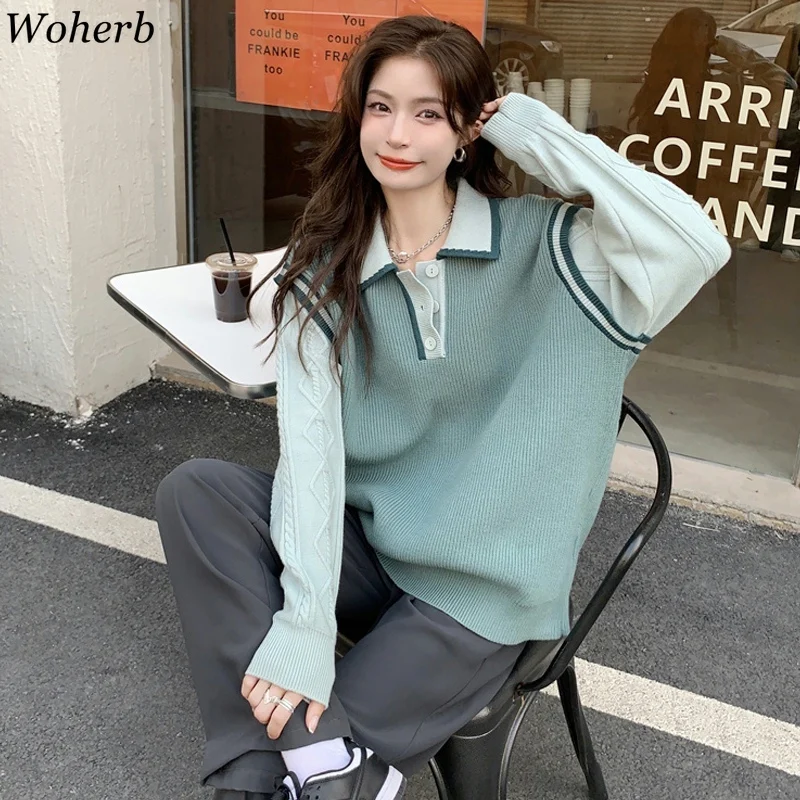

Style Fake Two Pieces Patchwork Sweater Women Cintage Contrast Color Turn-down Collar Loose Pullover Chic Jumper