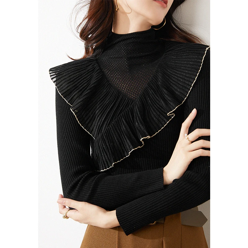 

Good quality smart attractive elegant and romantic Sweater with ruffled wool pile collar