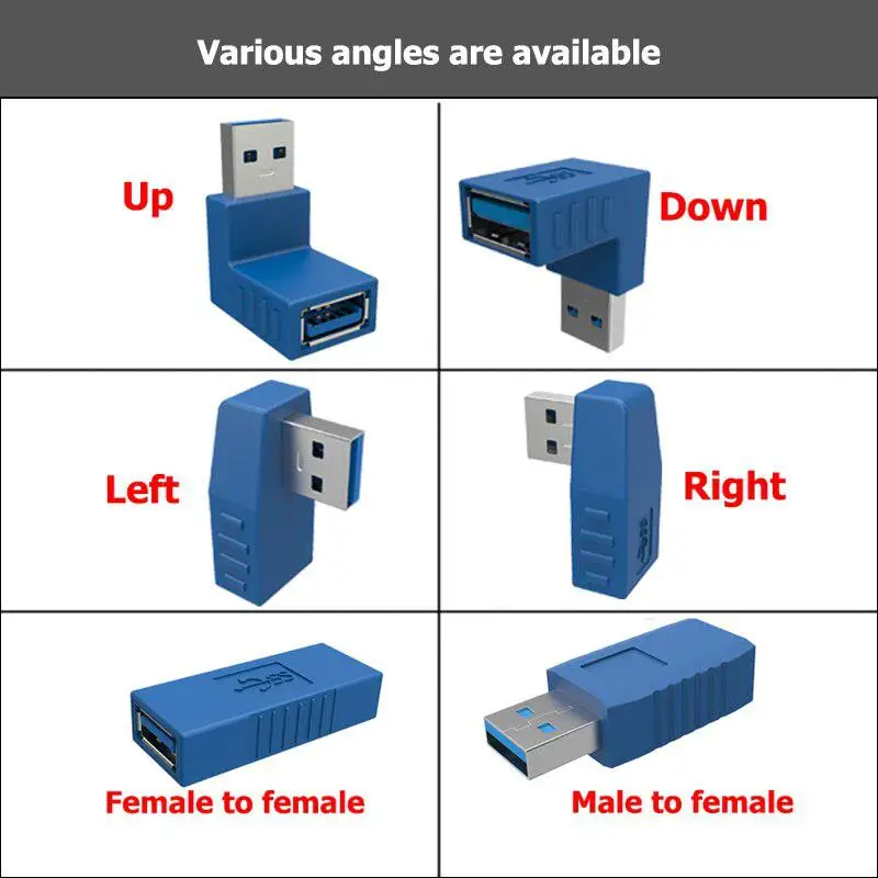Переходник USB 3 0 Type-A 90 градусов штекер-гнездо вертикальный левый правый нижний