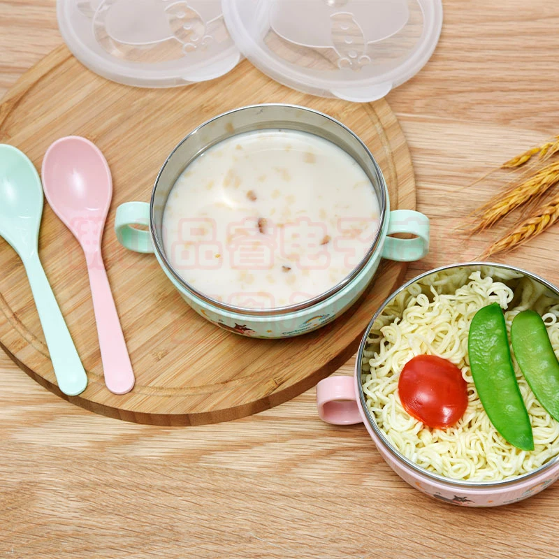 

Baby Soup Bowl Double Ears with Lid Children's Drop-Resistant Stainless Steel Bowl 304 Food Grade Anti-Scald