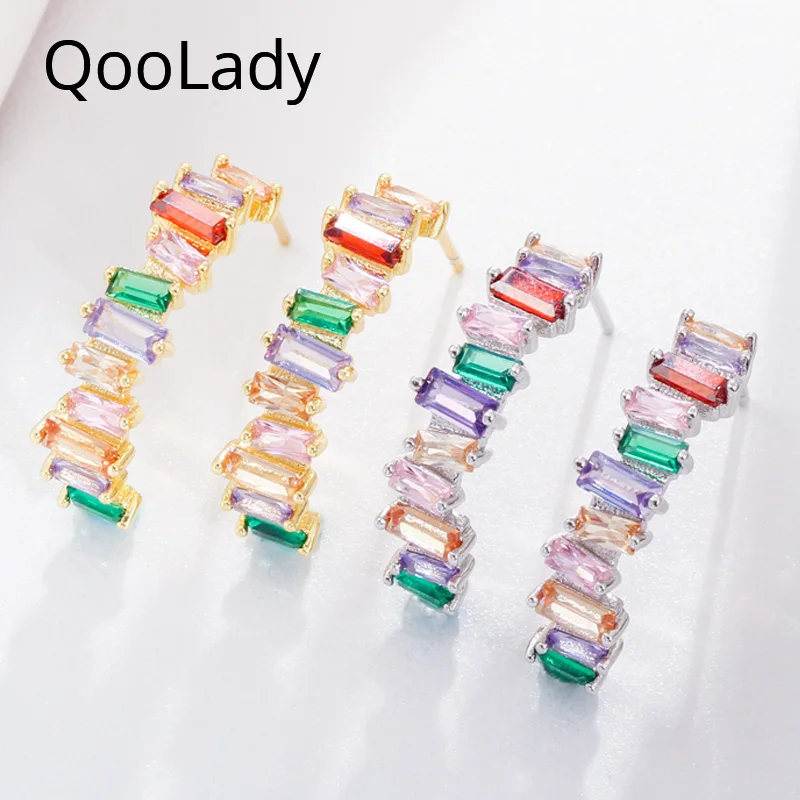 

Qoolady Design Unique Half Round Rainbow Color Hoop Earrings Women CZ Stone Yellow Gold Popular Brand Jewelry Accessories E016