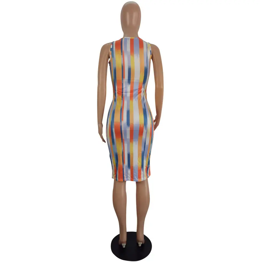 

Rainbow Tie Dye Print Sexy Wrap Dress Women Scoop Neck Sleeveless Package Hip Dress Summer Hollow High Waist Club Party Dresses