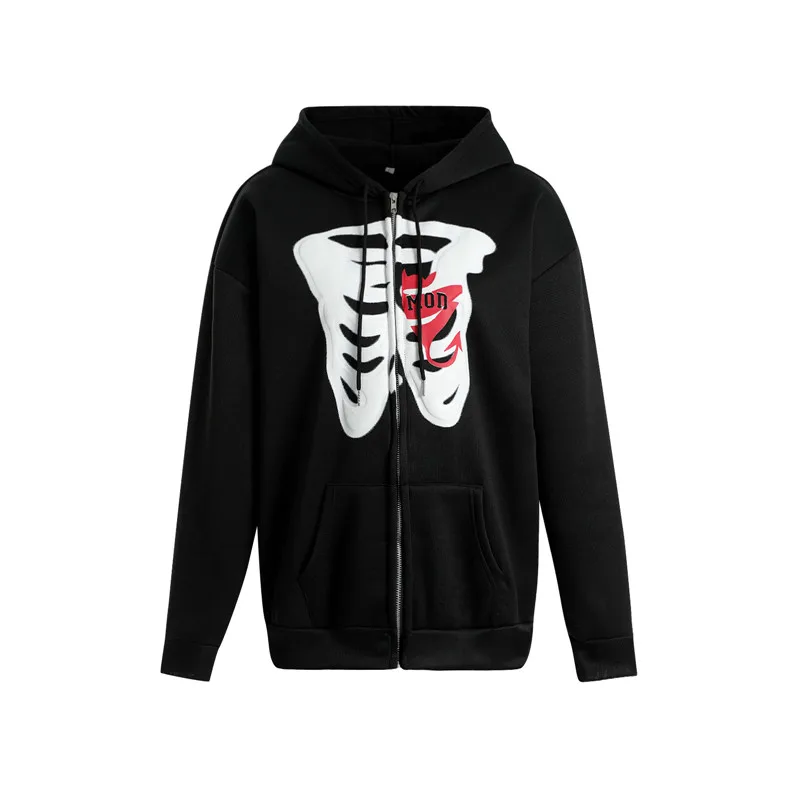 

Hirigin 2021 Autumn Winter Fashion Dark Vintage Women Y2K Hoodie Skeleton Heart Grunge Goth Black Zip Up Pocket Coat Streetwear