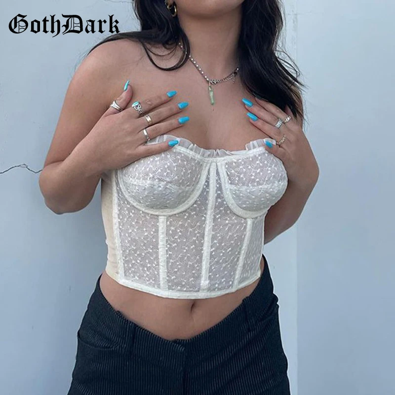 

Goth Dark Lace Gothic E-Girl White Corsets Crop Tops Harajuku Cute Women Sexy Backless Strapless Bodycon Streetwear Wrap Chest
