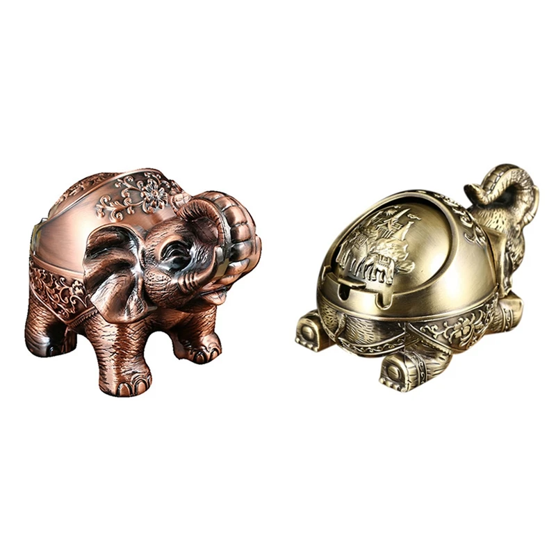 

2 Pcs Creative Ashtray Elephant Shaped Metal Seal Ashtray with Lid Anti-Fall Windproof Personality, Bronze & Red Copper