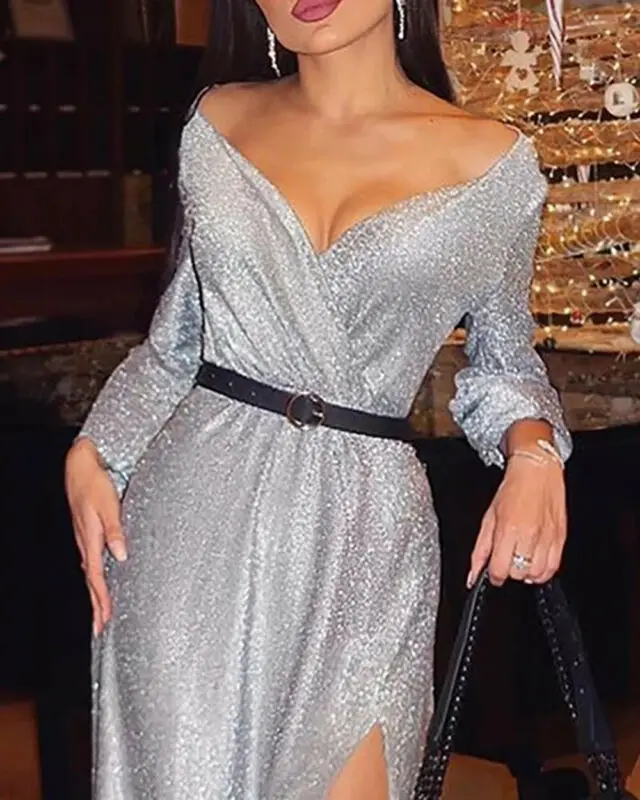 2020 модное Трендовое Сексуальное женское платье с блестками и длинным рукавом v
