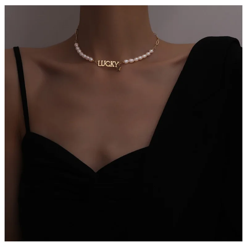 

COWBREAD LUCKY Necklace for Women Natural Pearl Clavicle Chain Necklace Simple Choker Women's Neck Chain Jewelry