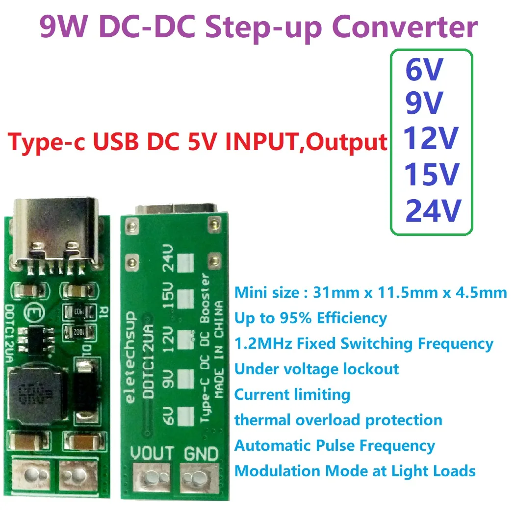 9 Вт mini Type C USB DC 5 В до 6 в 12 15 24 повышающий преобразователь постоянного тока PWM PFM