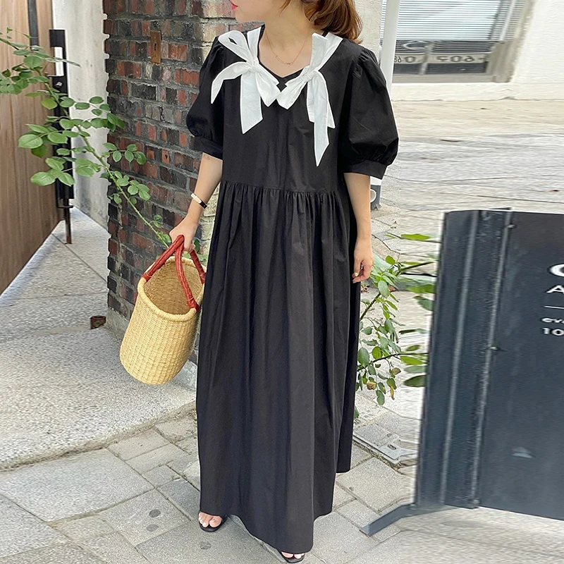 

Korejpaa Women Dress 2021 Summer Korean Fashion Retro Square Neck Hit Color Bow Decoration Pleated Loose Bubble Sleeve Vestidos