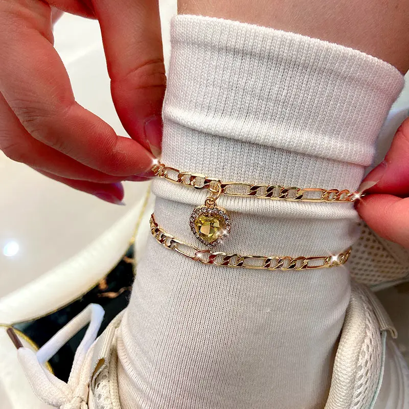 JJFOUCS 2 шт./компл. медный браслет золотого цвета блестящее сердце кристалл на ногу