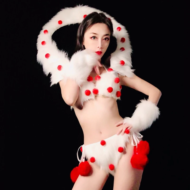 

Nightclub Costumes Festival Outfit Women White Furry Bikini Christmas Party Catwalk Stage Performance Wear Rave Clothes DN5556