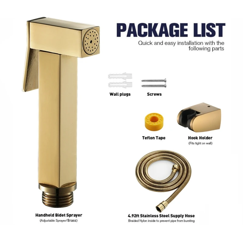 

Hand Held Bidet Sprayer Douche Toilet Kit Shiny Gold Brass Square Shower Head Copper Set Jet Bidet