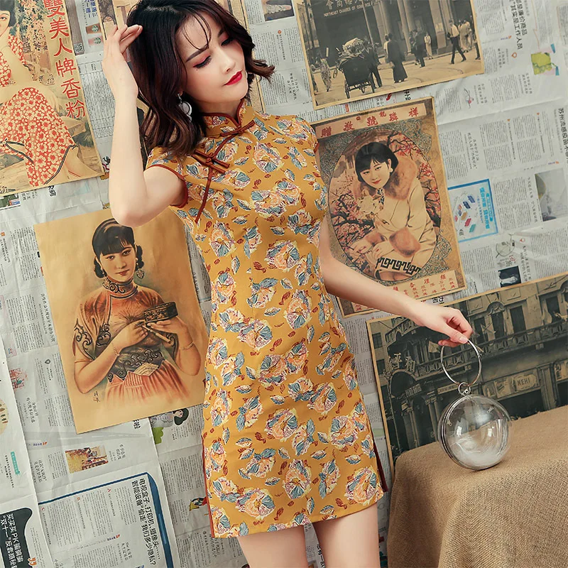 

Yellow Women Stand Collar Short Cheongsam Traditional Chinese Style Evening Party Straight Skirt Fashion Qipao Dress Large Size