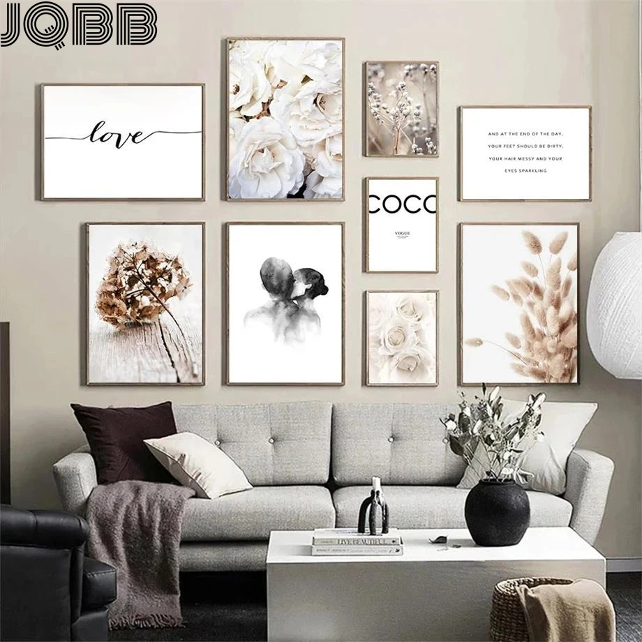 

Beige Grass Reed Peony Flower Girl Kiss Posters And Prints Wall Art Canvas Painting Wall Pictures For Living Room Decor