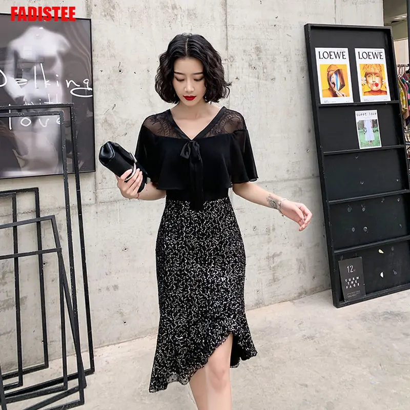 Женское вечернее платье русалка короткое черное с блестками для выпускного