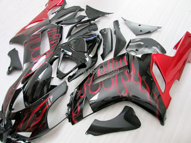 

100%NEW+ Black Red Flame Fairing Kit FOR KAWASAKI NINJA ZX 6R 636 07 08 ZX-6R 07-08 ZX6R 2007 2008 ZX 6R 07 08 & Windscreen