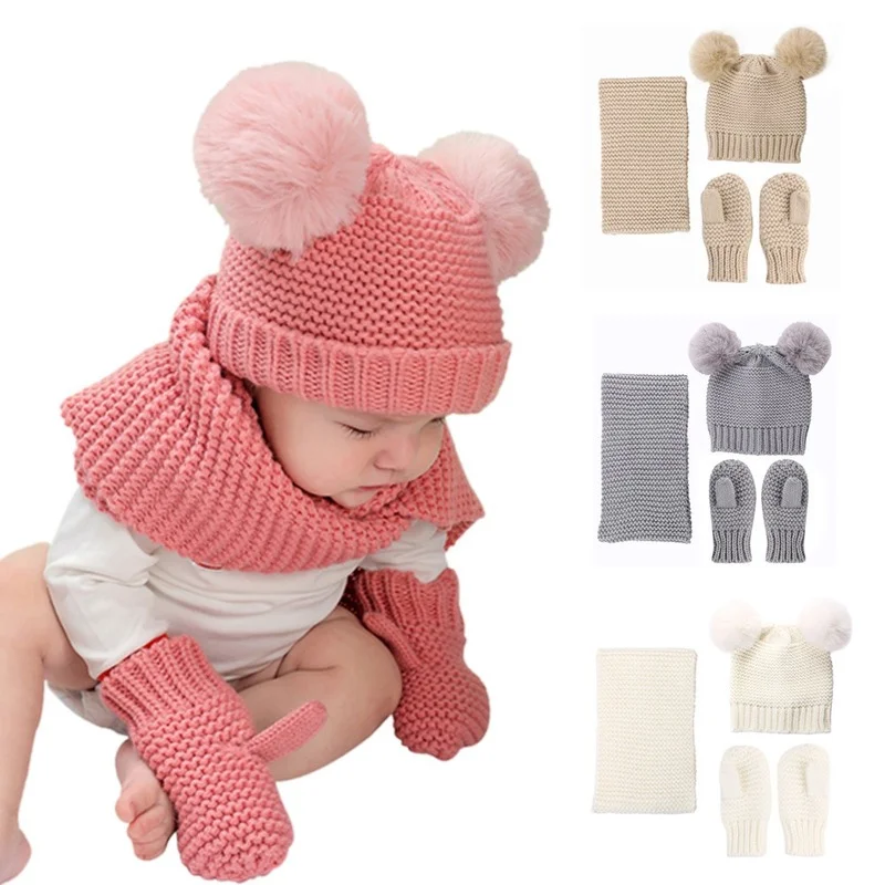 

New Wool Monochrome Warm Children's Hat, Scarf, Glove Three-piece Set Manufacturers Spot Children's Hat Set Boys Hats Wholsale