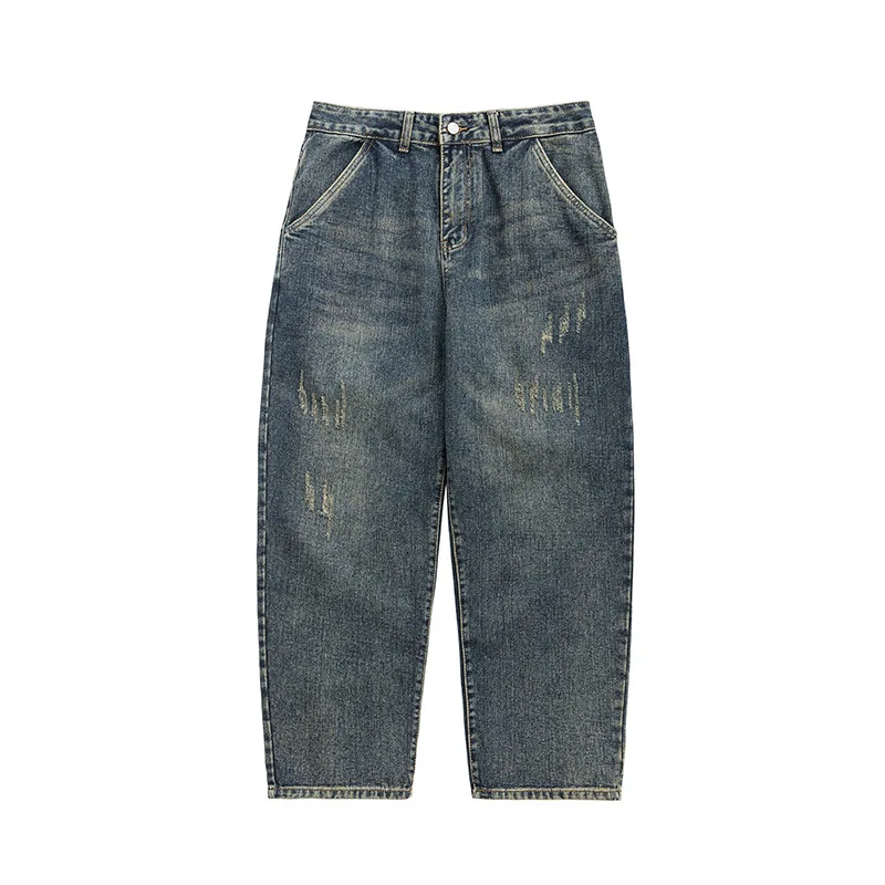 

2021 Spring/Autumn American Distressed Straight Trousers Men Wide Leg Loose Jeans Youth Retro Blue Long Demin Pants