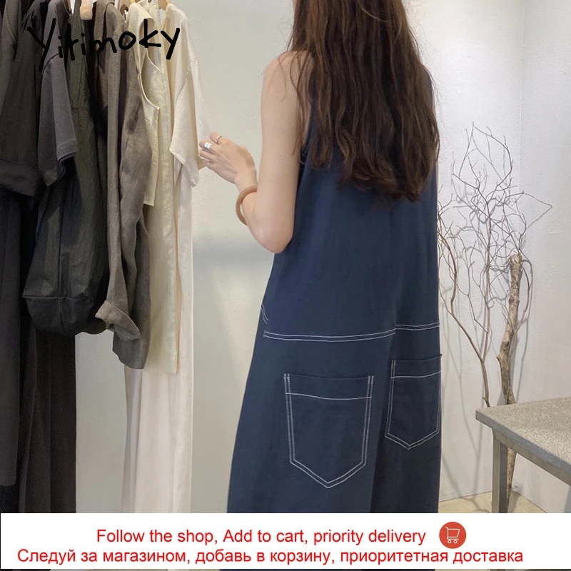 

Yitimoky Sleeveless Dresses Women O-Neck Loose Long Dress Bright Line Decoration Casual New Summer Fashion Cotton and Linen
