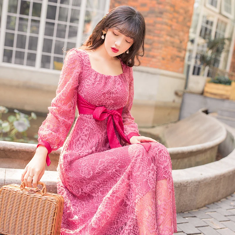 

Sexy Lace Embroidery Women Dress Elegant Lady Long Autumn Ladies Square Collar Party Dressess Vintage Vestidos