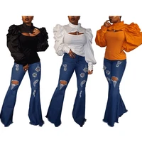 neon orange ribbed hollow front slim fit t shirts women autumn turtlenecl stacked puff sleeve top elegant female bandage tees