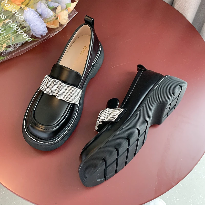 

Rimocy Luxury Crystal Platform Pumps Women Autumn Thick Heel Slip on Loafers Woman Soft Pu Leather Round Toe Lolita Shoes Ladies