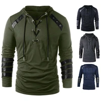 mens gothic lace up neck hooded long sleeve t shirt top blouse sweatshirt
