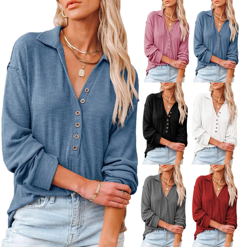

European and American Women's Clothing 2021 Autumn and Winter New Polo Collar Button Solid Color Long-Sleeved Top T-shirt