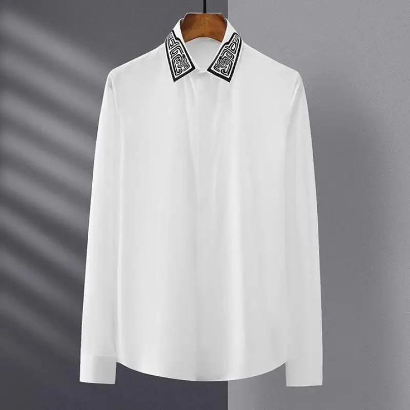 

Мужские хлопковые рубашки Minglu, роскошные повседневные мужские классические рубашки с длинным рукавом и вышивкой, Модные приталенные белые ...