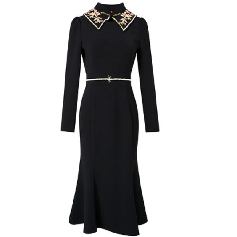 

Retro Solid 2021 New trumpet dress women Winter Autumn style celebrities medium length patchwork fishtail embroidered skirt plus