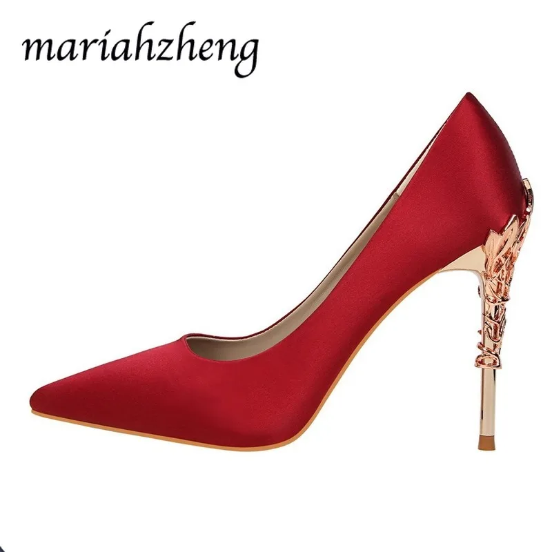 

Meriahzheng 10CM Fashion Sexy Metal with Shoes Fine with High Heels Shallow Mouth Pointed Satin Slimming Shoes Wedding Shoes DS