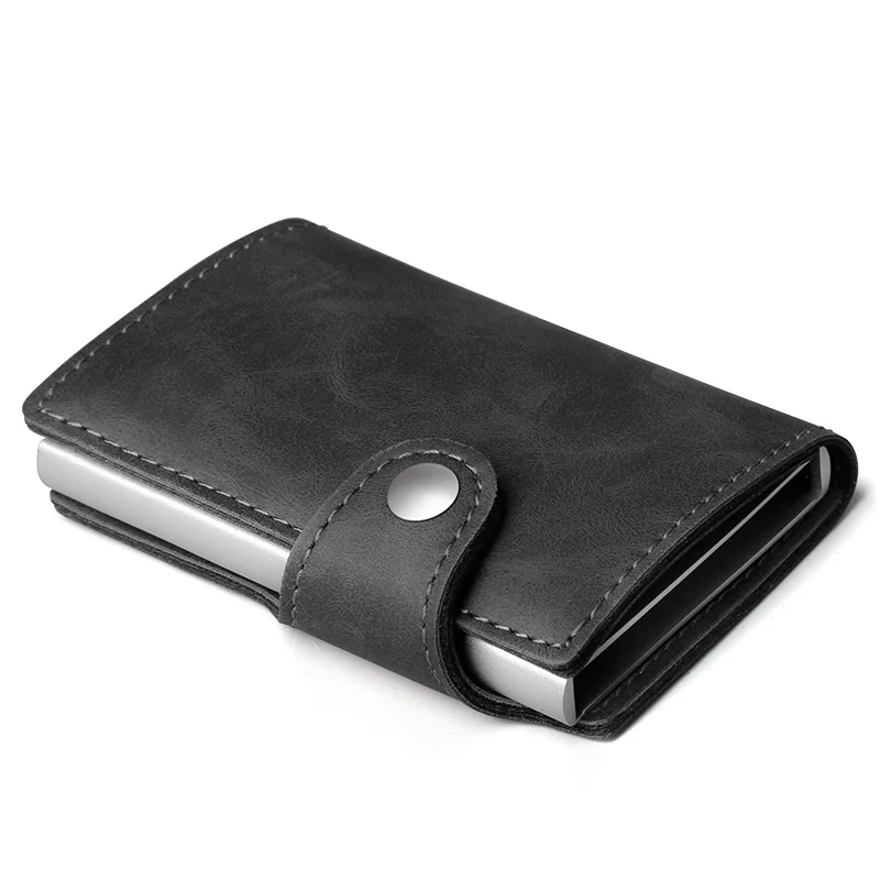 Металлическая карта кошелек RFID Блокировка Карты Сумка Hasp мини кошелек искусственная кожа Crazy Horse Автоматическая Кредитная карточка Держатель Hasp Смарт кошелек - Цвет: gray