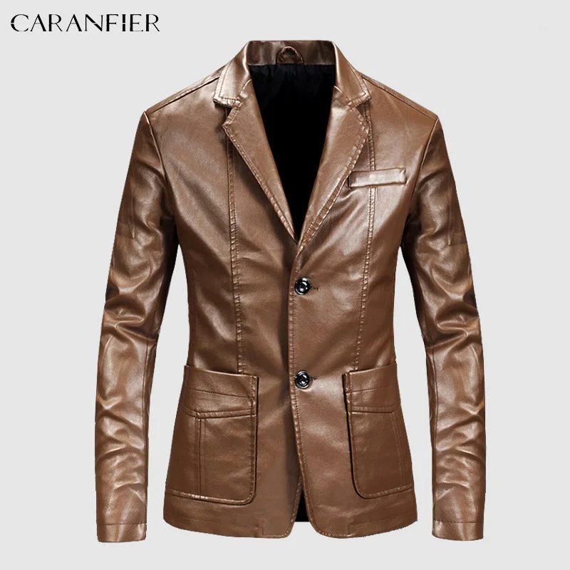 

CARANFIER Men PU Leahter Jacket Mens Leather Blazer Clothing Faux Leather Suit Male Classic Spring Autumn British Outerwear