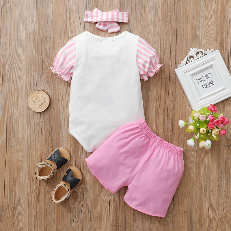 

2021Summer Infant Baby Adorable Short Sleeve Letter Print Romper Tops Shorts Headband Outfits Clothes Bodysuit Infant Outfits