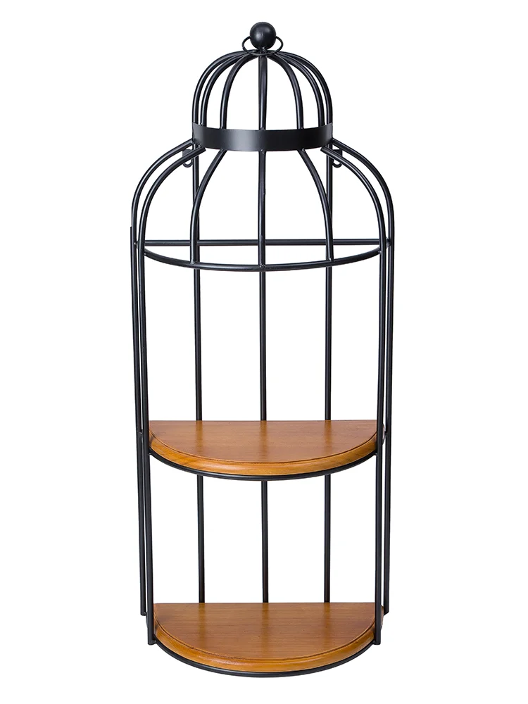 Vintage Wall Wrought Iron Golden Birdcage Rack Cosmetic Storage Solid Wood Shelf Semicircle Wall Hanging Decorative Rack