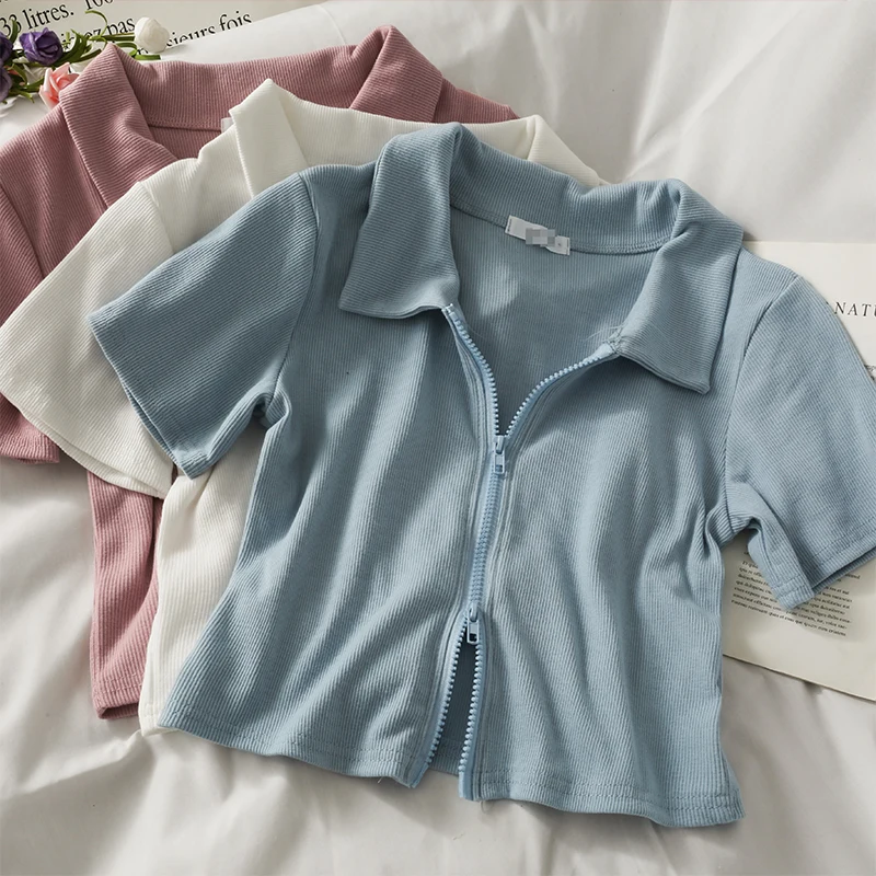 

Abrini Women Polo T-Shirt Zipper Up Crop Tees Women Tee Long Sleeve Y2k Slim Elasticity T-shirts Chic Tops For Women Summer 2021