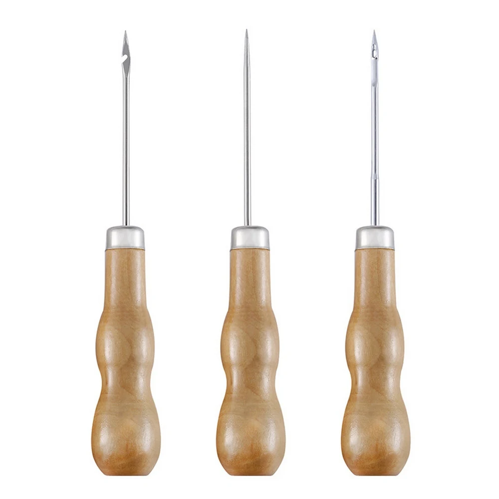 

3Pcs Wooden Handle Sewing Awl DIY Carft Stitch Needle Cone Craft Canvas Leather Shoes Sewing Supplies Double Gourd Wooden Handle