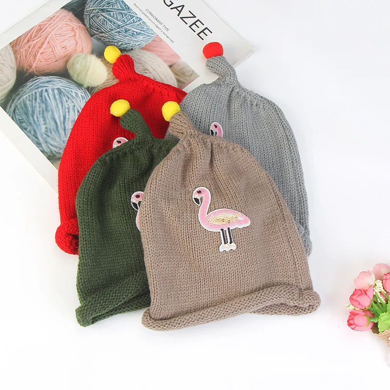 Детские трикотажные лыжные шапочки с рисунком Фламинго 2019 г. осенне зимние