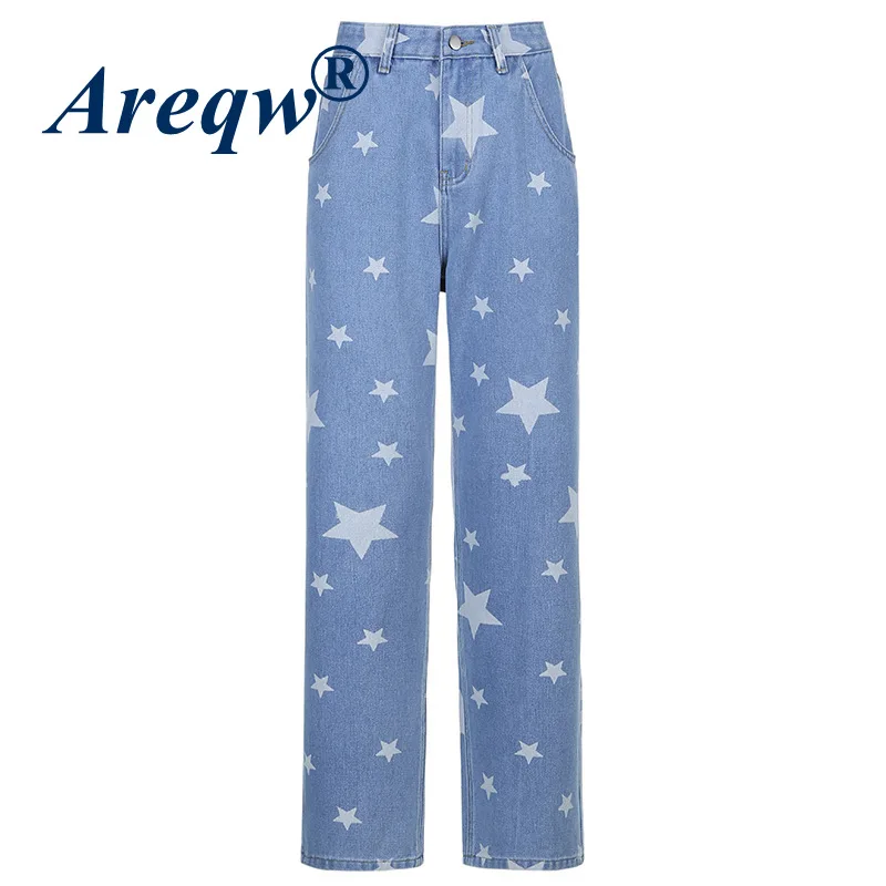 

2021 New Women's Pants Blue Five-pointed Star Print Drape Straight-leg Jeans Women's High-waist Casual Trousers